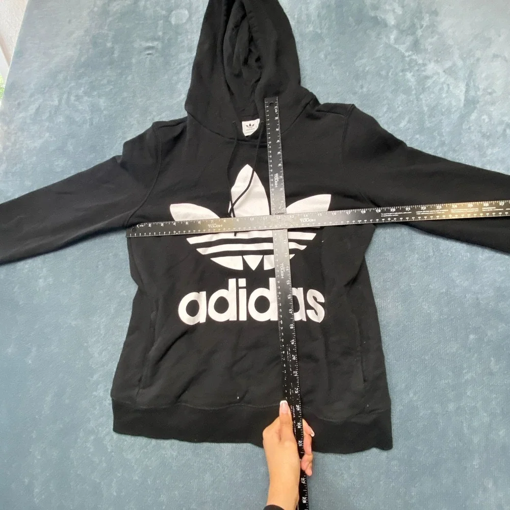 Adidas Trefoil Hoodie Mens M Black Graphic Logo Drawstring Ribbed Hem Pullover